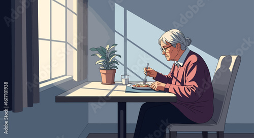 A solitary senior woman having a quiet meal at a table by a sunlit window