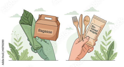 Concept of sustainable food packaging with biodegradable bagasse box and bio-based wraps