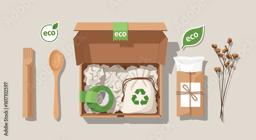 Sustainable Eco-Friendly Packaging Flat Lay with Natural Materials and Zero Waste Products for Environmentally Conscious Businesses.