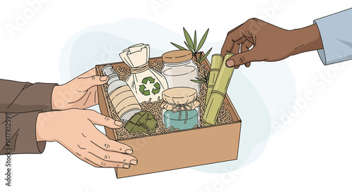 Hands exchanging a gift box filled with natural, sustainable, and eco-friendly products