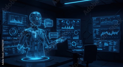 Futuristic AI humanoid analyzing complex data on holographic interface screens in a high-tech command center