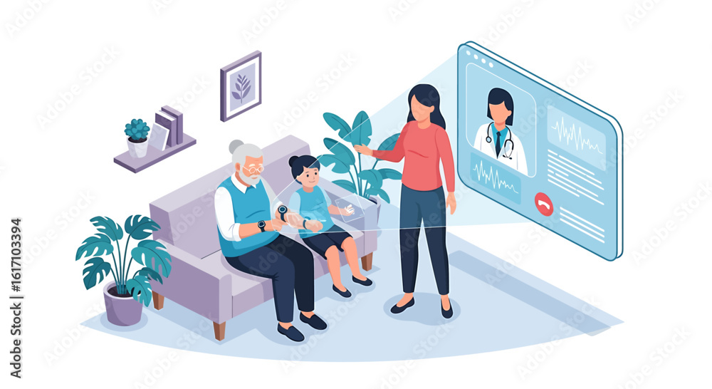 Fototapeta premium Family receiving online medical advice from a doctor during a virtual consultation at home.