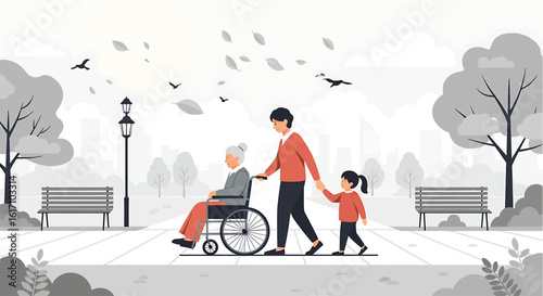Three generations of family enjoying a walk in the park with a senior woman in a wheelchair