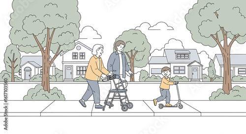 Concept of intergenerational family care, support, and togetherness on a walk.