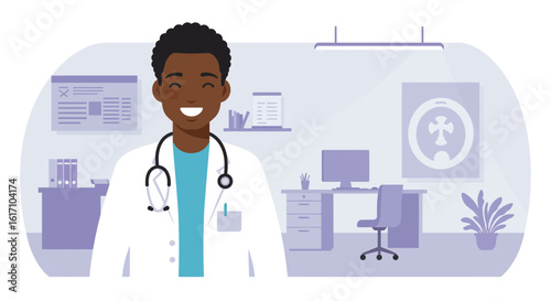 Smiling African-American Doctor with Stethoscope in Office.