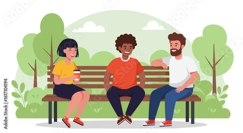 Three Friends Relaxing and Chatting on Park Bench.