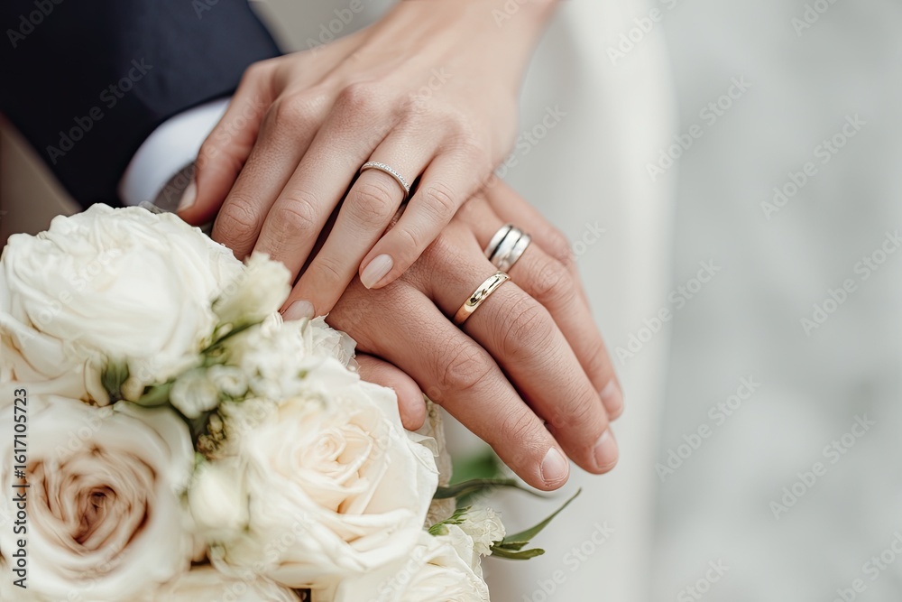 Close-up of wedding rings on hands holding bouquet Close-up of wedding rings on hands holding bouquet