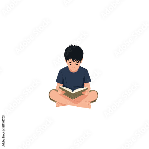 A young boy sits cross-legged on the floor, deeply engrossed in reading a book. Isolated vector illustration on white background.