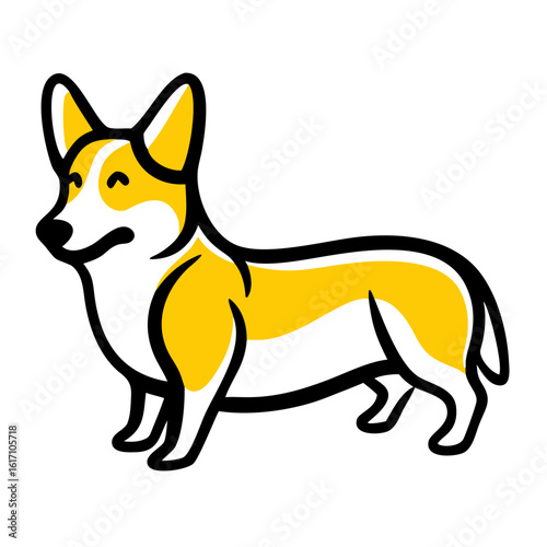 Stylized yellow dog silhouette with pointed ears and a long tail