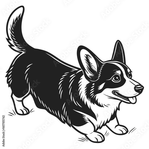 Playful pembroke welsh corgi dog in motion black and white illustration