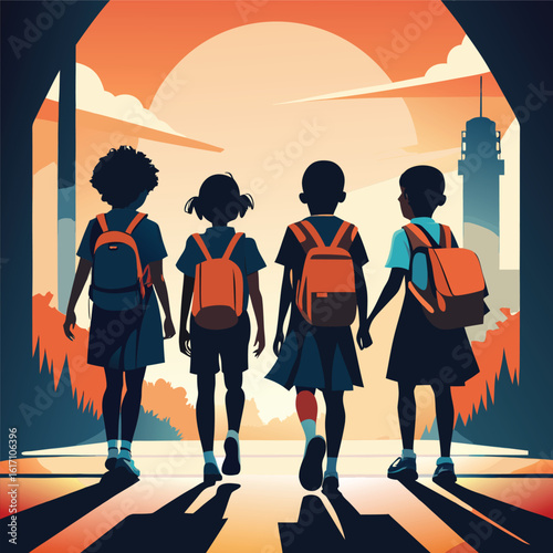 Pure black vector illustration showing children wearing backpacks, walking cheerfully or energetically side-by-side, some waving or chatting, isolated on a white background. 