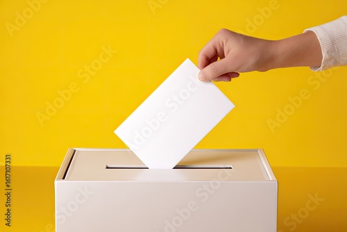 A hand inserts a blank ballot into a white voting box against a bright yellow backdrop