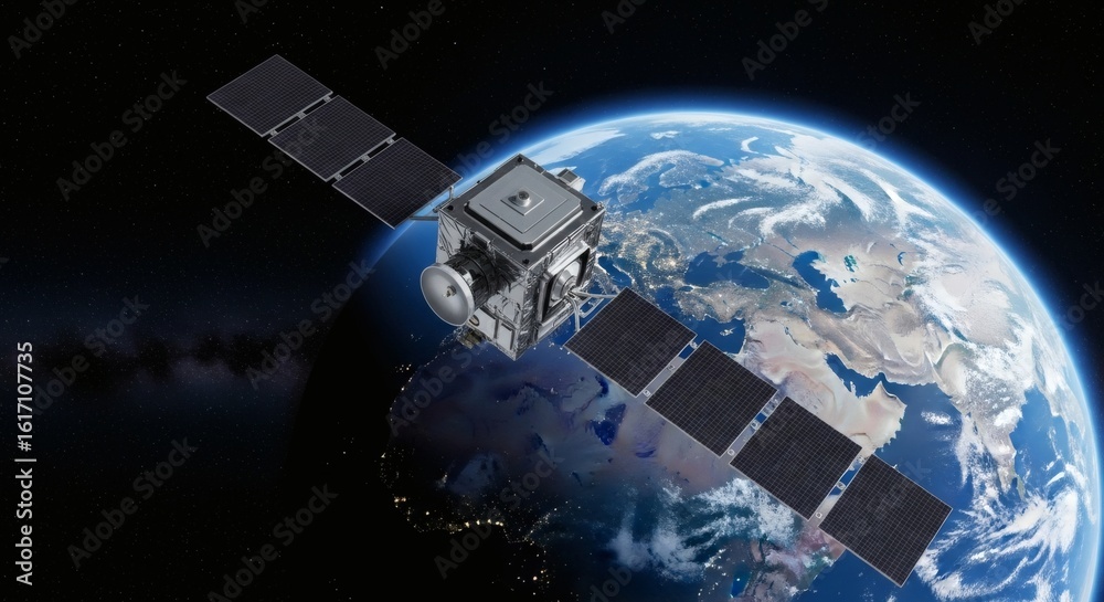 Fototapeta premium Satellite orbiting Earth with solar panels extended