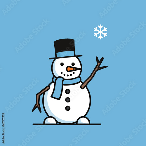 Cartoon snowman wearing a top hat reaching for a single snowflake.