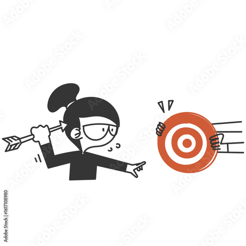 cute girl trying to hit dartboard with arrow illustration in doodle cartoon style