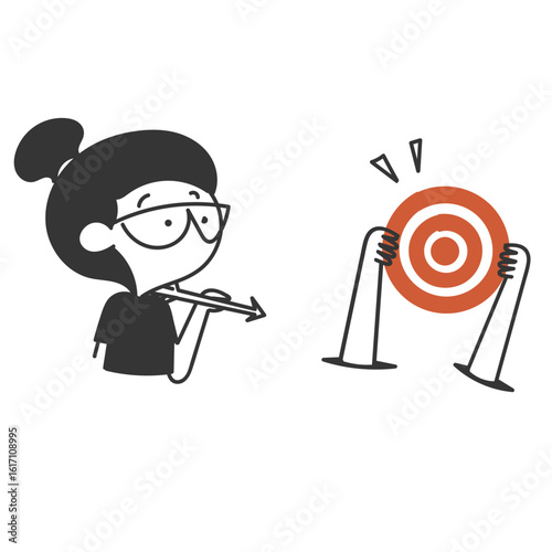 cute girl trying to hit dartboard with arrow illustration in doodle cartoon style