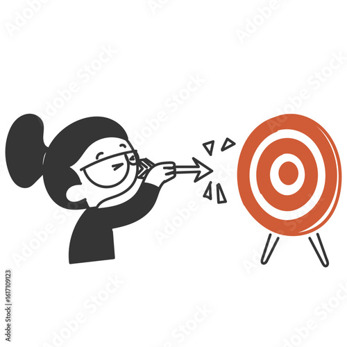 cute girl trying to hit dartboard with arrow illustration in doodle cartoon style