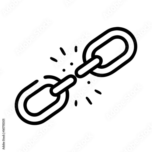 A graphic depiction of a broken chain, symbolizing disconnection, separation, and the failure of unity. The clean lines and stark contrast highlight the disruption.