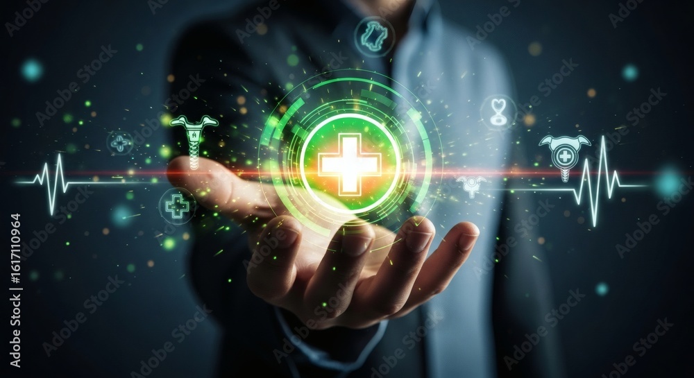 Obraz premium A persons hand holds a glowing digital medical interface with medical icons and a heartbeat line