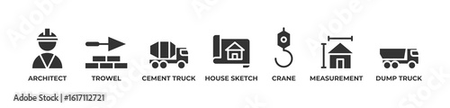 Architecting Construction Icons set vector illustration glyph with Architect, Trowel, Cement truck, House sketch, Crane, Measurement, Dump truck