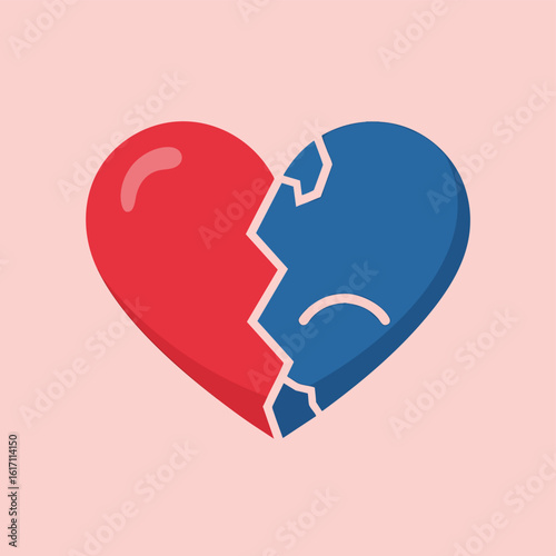 Sad Broken Heart Symbol with Red and Blue Halves.