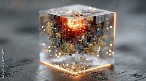 Futuristic technology cube with digital textures, layered circuits, and luminous edge lighting in a high-tech abstract 3D rendering for innovation and artificial intelligence