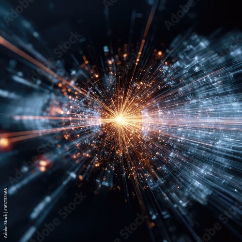 Close-up of a proton particle collision in a particle accelerator. 
