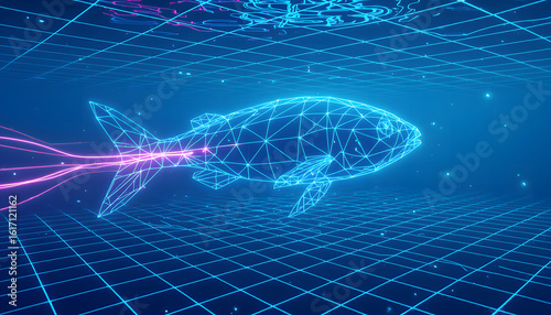 Digital illustration of a wirefram lowpoly fish scan with glowing blue electric energy and a dynamic lightning pattern