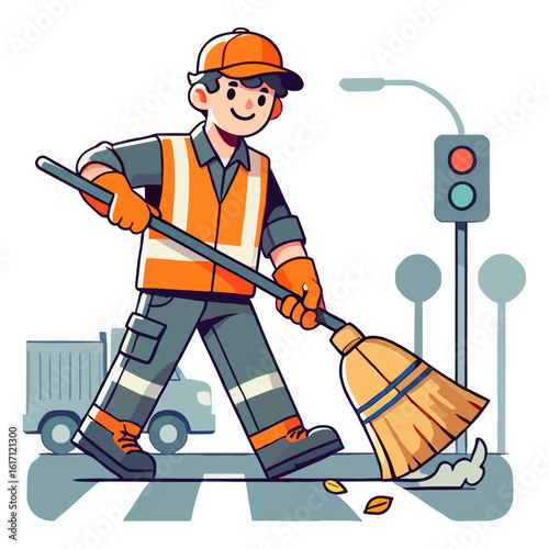 Cartoon Street Cleaner Sweeping Road with Broom Wearing Orange Safety Vest