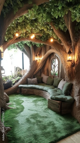 Cozy, whimsical treehouse reading nook with soft seating and greenery