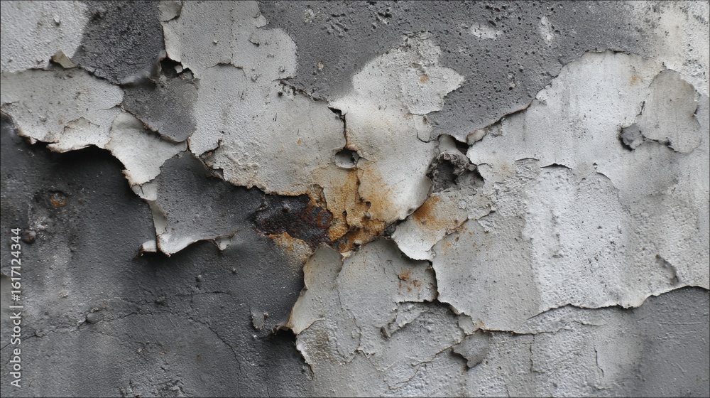 Obraz premium Weathered concrete wall with peeling layers and textured imperfections in grey tones