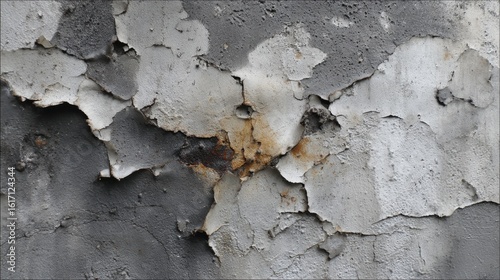 Weathered concrete wall with peeling layers and textured imperfections in grey tones