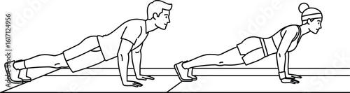 Man and woman doing Yoga. Four limbed staff pose vector.