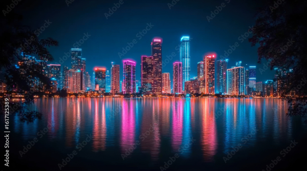 Fototapeta premium vibrant city skyline illuminated with colorful lights reflecting on water