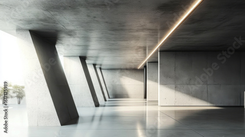 Minimalist concrete interior with geometric columns