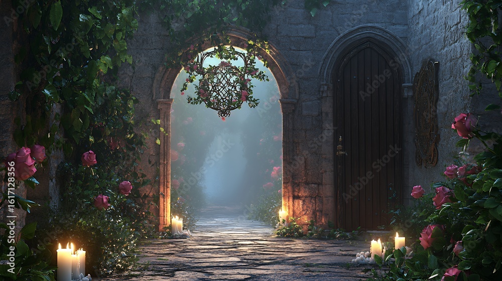 Fototapeta premium A mystical stone corridor features an ornate archway with a reflective mirror surrounded by lush foliage and vibrant pink roses