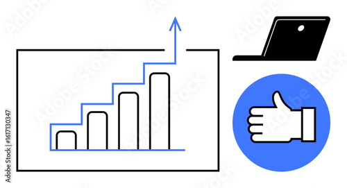 Bar chart rising with an arrow, thumbs-up icon in blue circle, and laptop. Ideal for business, growth, analytics, success, performance, strategy simple landing page