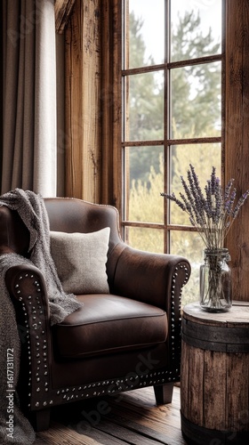 Cozy leather armchair by a window, rustic cabin interior