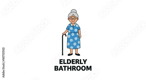 Elderly Bathroom: A drawing of an elderly person holding a cane, emphasizing accessibility, safety, and specific accommodation