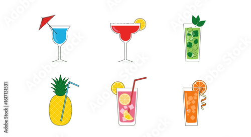 Cocktail Collection: An assortment of vibrantly designed cocktails ready to elevate any scene. Each beverage showcases a unique blend of color and ingredients, perfect for your project.