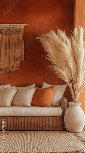 Rustic living room with warm tones and pampas grass