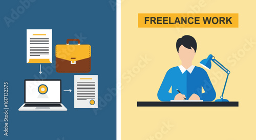 Freelance work and office icon: An illustration depicting freelance work life with office icon.