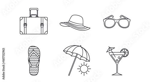 Sun-Kissed Icons: A suite of clean, line art icons, perfect for summer, encapsulating the essence of a leisurely holiday in the sun.