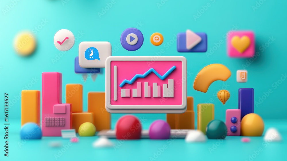 Fototapeta premium laptop with display Business and Financial Analysis On a pink background