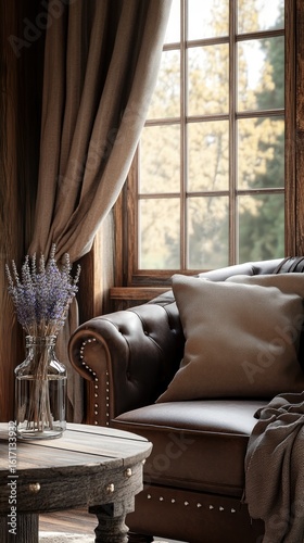 Cozy room with leather sofa, curtains, and lavender