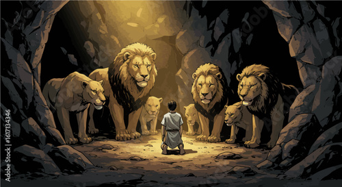 Cartoon showing a scene from the story described in the Holy Bible of Daniel in the lion's den