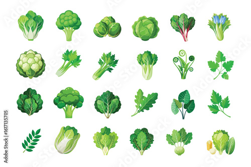 Collection of fresh green vegetables and leafy greens isolated on white background
