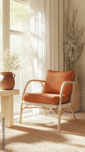 Sunlit corner armchair with terracotta vase