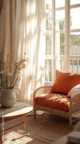 Sunny corner with wicker armchair and cream curtains
