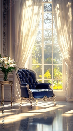 Luxurious interior room with a sunlit window.  A dark blue upholstered armchair sits beside a large window with sheer white curtains, bathed in warm sunlight. 